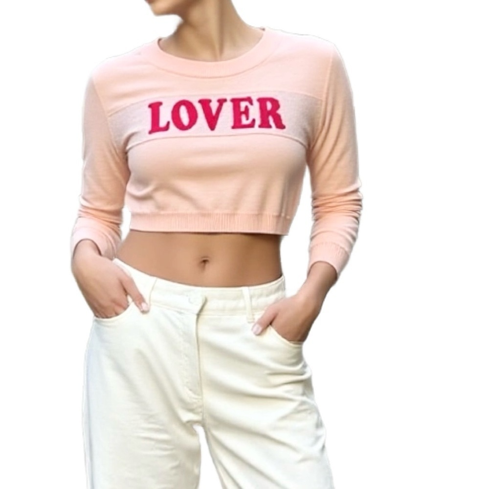 RunAway the Label Graphic Cropped Knit Sweater in Pink & Red Size Small